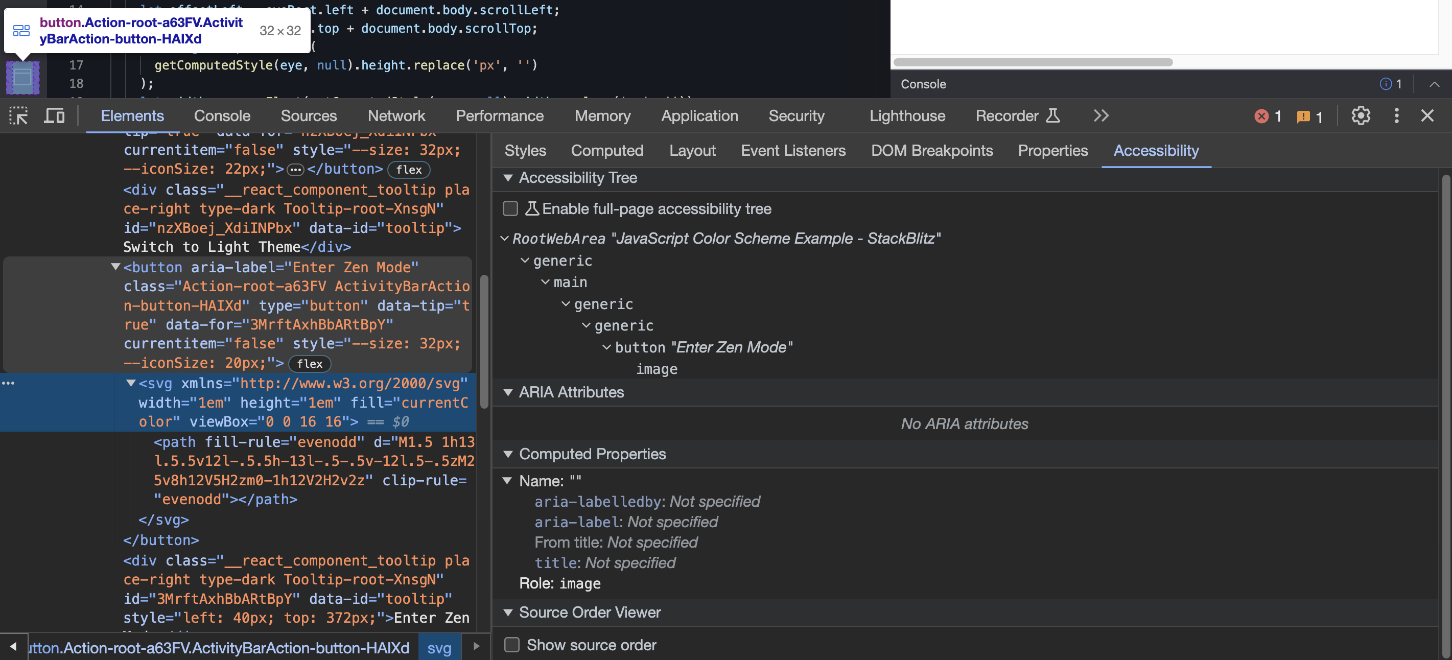 Chrome DevTools Accessibility Inspector on an icon button on StackBlitz