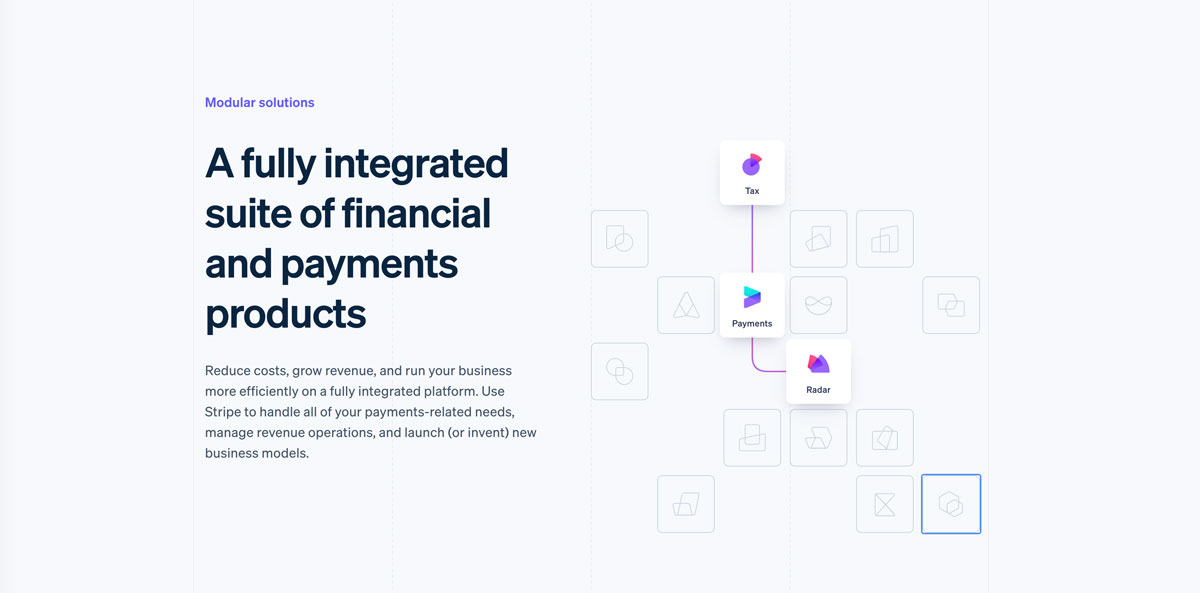 Stripe Homepage demo: modular solutions